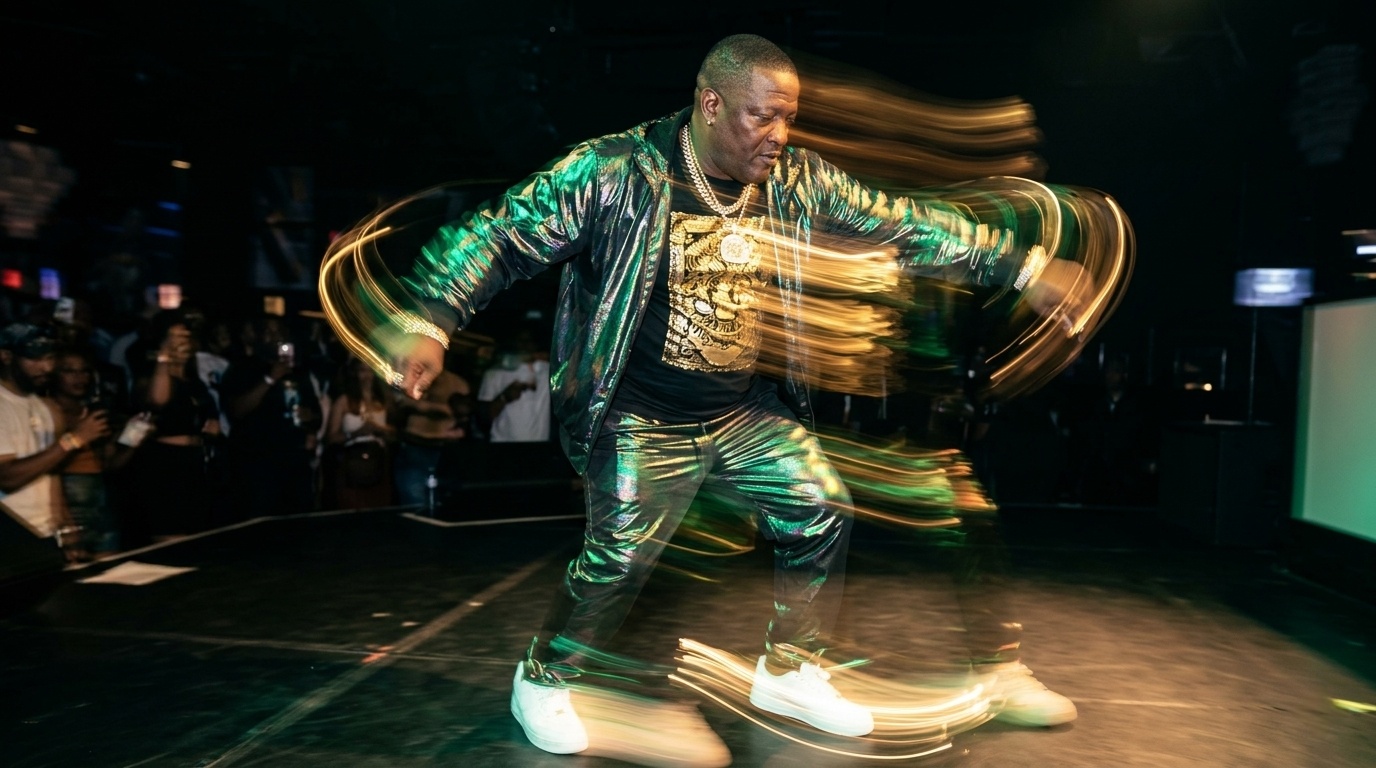 Papa Mark live on stage with neon dancehall lights